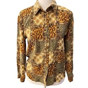VTG Allison Taylor Gray Brown Silk Belt Buckle Animal Print Shirt Blouse Medium